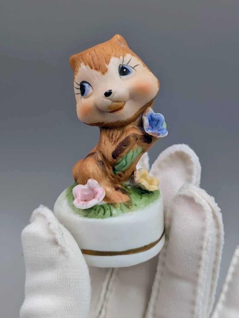 Vintage Ceramic Chipmunk Figurine with Flowers – Big Eye Anthropomorphic Kitsch
